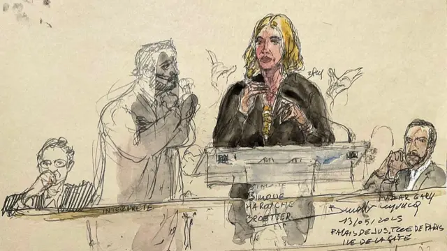 Sketch of blonde lady with black coat on and men sat around her