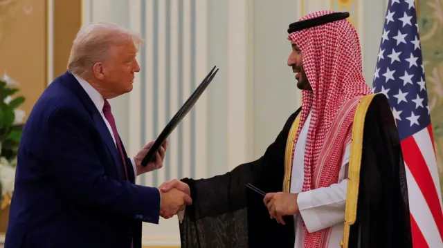 President Donald Trump and Saudi Crown Prince and Prime Minister Mohammed Bin Salman shake hand