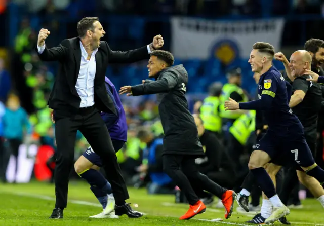 Derby County manager Frank Lampard celebrates after the final whistle during the Sky Bet Championship Play-off Second Leg match between Leeds United and Derby County at Elland Road on May 15, 2019
