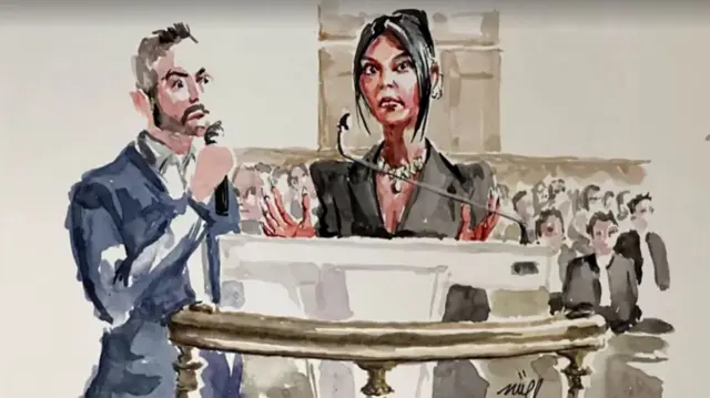 A sketch of Kardashian speaking into a microphone as a man holds another microphone next to her