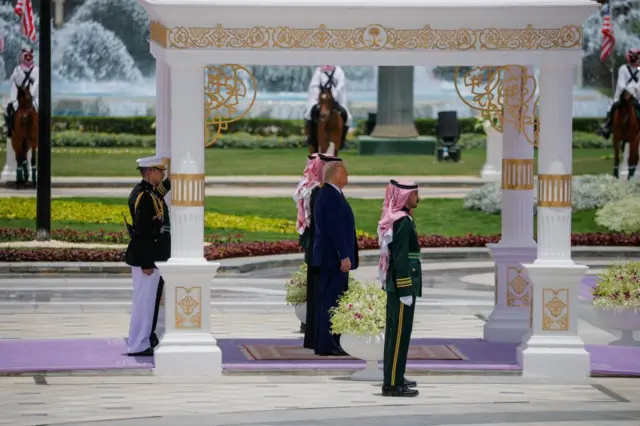 US President Donald Trump stands with Saudi Crown Prince Mohammed Bin Salman during a welcoming ceremony in Riyadh, Saudi Arabia, May 13, 202