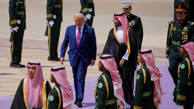 Donald Trump walking with MBS, Saudi military members are alongside them