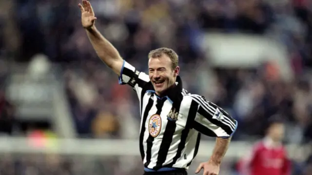 Alan Shearer celebrates after scoring a goal for Newcastle United