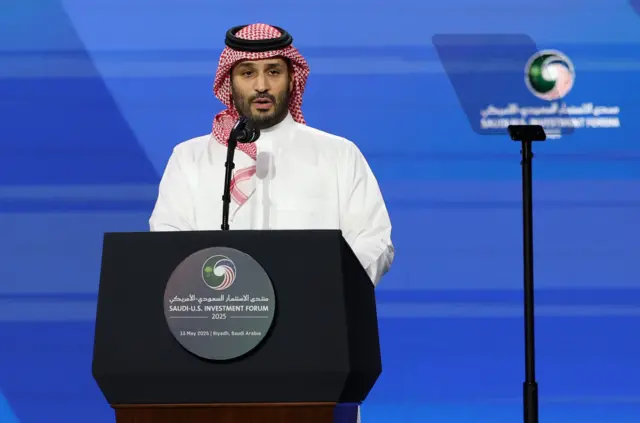 Saudi Crown Prince Mohammed bin Salman speaks from a podium
