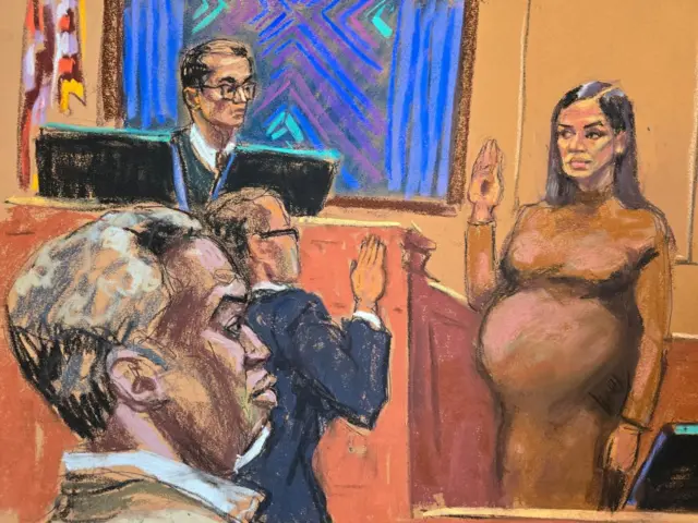Court sketch showing Sean "Diddy" Combs watching as his former girlfriend Casandra "Cassie" Ventura is sworn in as a prosecution witness