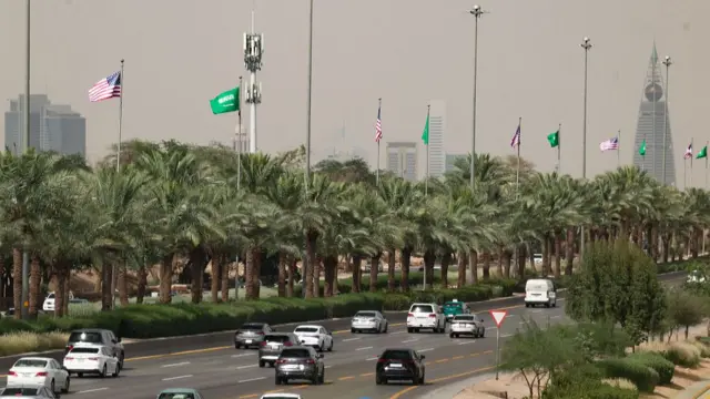 Flags of Saudi Arabia and the US along a highway for the visit of US President Donald Trump visit in Riyadh, Saudi Arabia