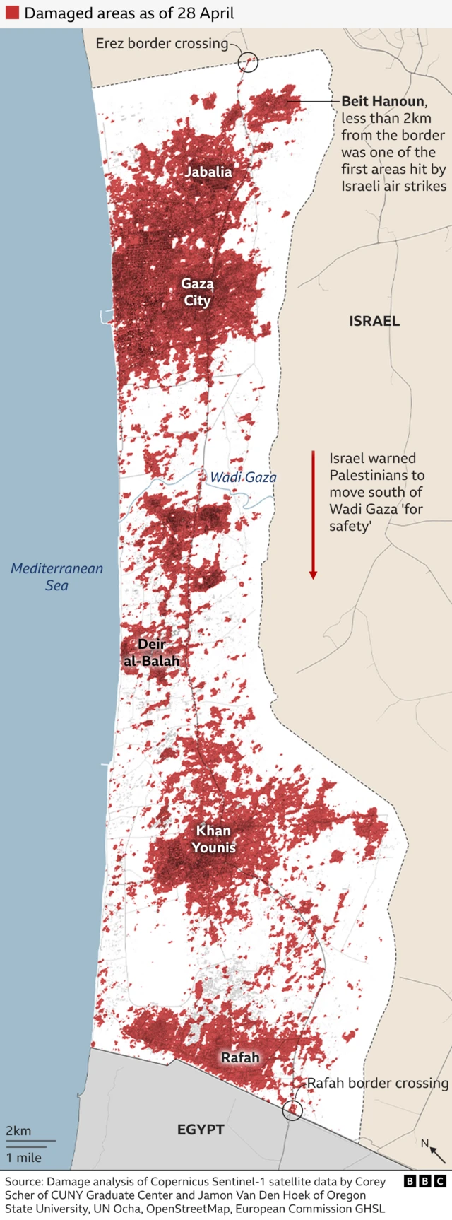 Map showing damaged areas in Gaza as of 28 April