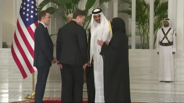 Musk stands with his back to the camera, being greeted by the Qatari Emir