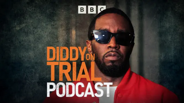 Promo for Diddy on Trial featuring a photo of Sean 'Diddy' Combs wearing a red jacket and black sunglasses