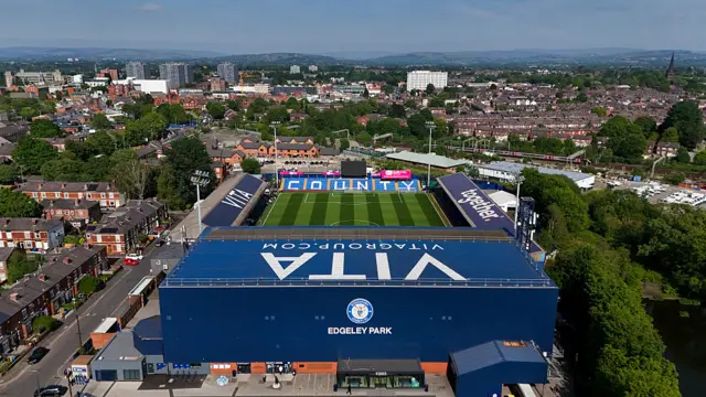 A general aerial external view of Edgeley Park, home stadium of Stockport County