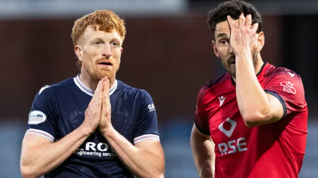 Dundee's Simon Murray and Ross County's Will Nightingale look dejected during a William Hill Premiership match between Dundee and Ross County at the Scot Foam Stadium at Dens Park
