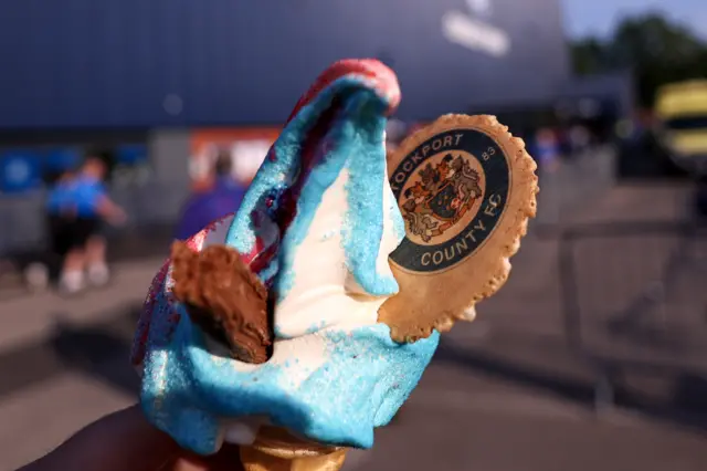 Detail of an ice cream with a Stockport County branded wafer