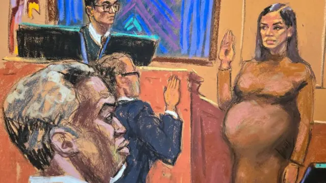 Court sketch showing Sean "Diddy" Combs watching as his former girlfriend Casandra "Cassie" Ventura is sworn in as a prosecution witness.