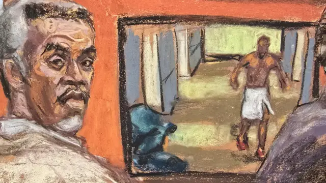 A court sketch showing Sean "Diddy" Combs listen as his former girlfriend Casandra "Cassie" Ventura (not seen) testifies as a video from a hotel is played at his sex trafficking trial in New York City