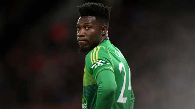 Andre Onana of Manchester United during the UEFA Europa League 2024/25 Semi Final Second Leg match between Manchester United and Athletic Club