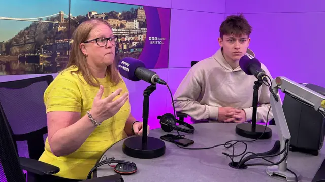 Lucy Smith in the studio with her 17 year old son Tom.