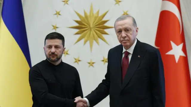 Zelensky and Erdogan shaking hands standing in front of two flags representing both their nations.