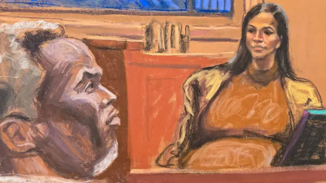 A court sketch of Diddy and Cassie in court.