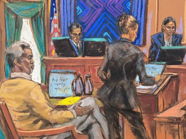 Court sketch shows lawyer Anna Estevao cross-examining Casandra "Cassie" Ventura as Diddy looks on. A message on a monitor reads: Pop pop, I really miss you.