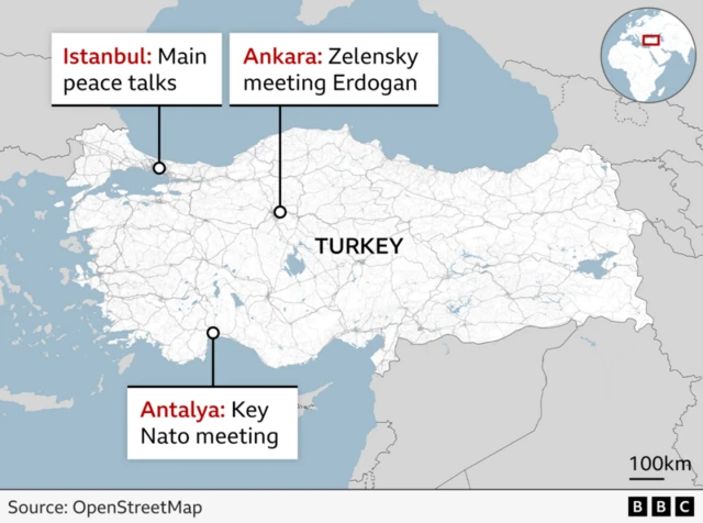 A map of Turkey with three places labelled; Antalya, Ankara and Istanbul. Source: OpenStreetMap. A smaller map is in the top right showing where Turkey is located in relation to neighbouring countries
