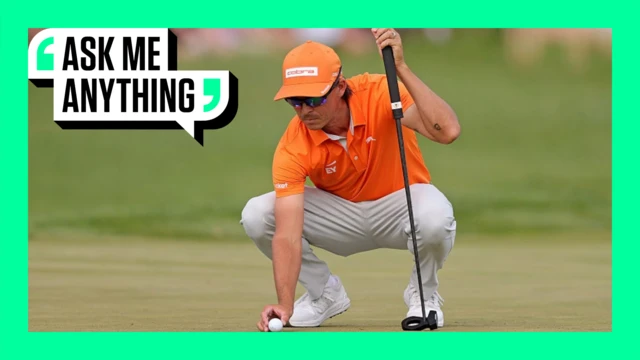 Rickie Fowler lining up a putt with an Ask Me Anything border around it