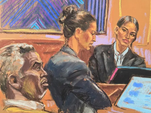 Sketch art shows Sean "Diddy" Combs listening as lawyer Anna Estevao cross-examines Casandra "Cassie" Ventura
