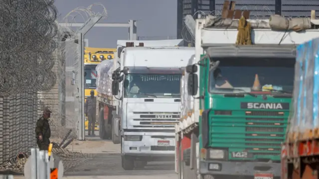 This picture from 28 January - before Israel's blockade begin in March - shows Gaza aid lorries at the Kerem Shalom crossing in southern Israel