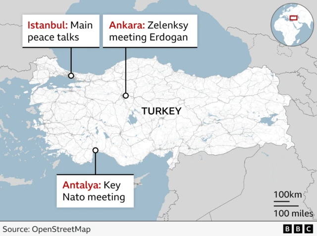 Map of Turkey, showing Antalya, Ankara and Istanbul.