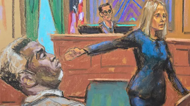 A court sketch showing Sean Diddy Combs as a lawyer points in his direction and the judge watches