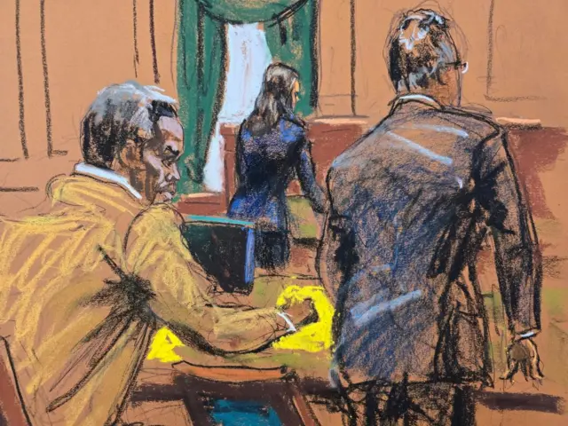 In court sketch, Sean "Diddy" Combs takes notes during the morning arguments in his sex trafficking trial