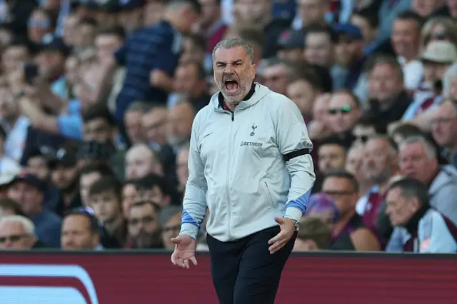 Ange Postecoglou, Manager of Tottenham Hotspur, reacts