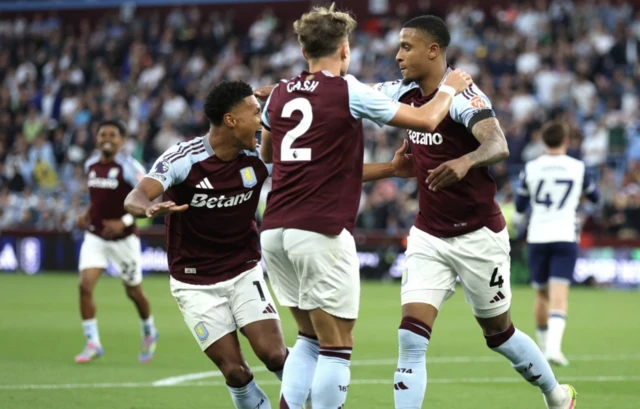 Aston Villa's Ezri Konsa (right) celebrates