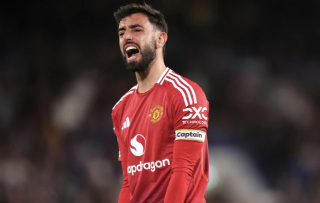 Manchester United's Bruno Fernandes appears frustrated