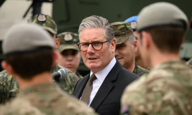 Prime Minister Sir Keir Starmer speaks to British and Albanian troops about their involvement with training Ukrainian troops under Operation Interflex, during a visit to Berzite Military Museum in Tirana