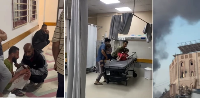 A composite image of screengrabs from three videos. 1 - a man, with blood on his trousers, is leaning against a wall on his haunches appearing distraught on the floor of a corridor. Another man comforts him. 2 - A pair of men hold young children and are laying them down on a hospital bed with wheels. 3 - a cloud of black smoke is seen next to part of a large building.