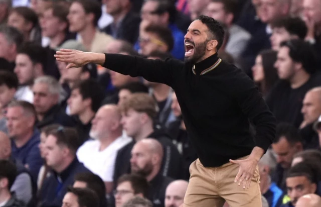 Manchester United manager Ruben Amorim gestures on the touchline