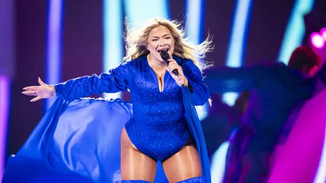 Denmark's Sissal performs the song "Hallucination" during the dress rehearsal for the Grand Final of the 69th Eurovision Song Contest (ESC) in Basel, Switzerland, 16 May 2025.