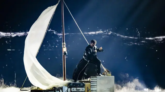 Austria's JJ performs the song "Wasted Love" during the second semi-final of the 69th Eurovision Song Contest (ESC) in Basel, Switzerland, 15 May 2025
