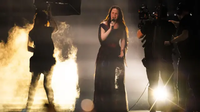 Switzerland's Zoe Me performs the song "Voyage" during the first semi-final of the 69th Eurovision Song Contest (ESC) in Basel, Switzerland, 13 May 2025.