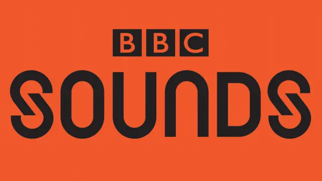 BBC Sounds logo (black BBC log at the centre top with the word SOUNDS in black on an orange background)