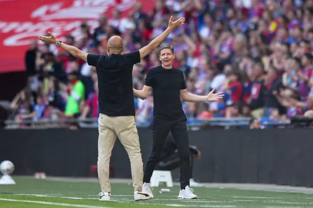 Head Coaches Oliver Glasner of Crystal Palace and Pep Guardiola of Manchester City react