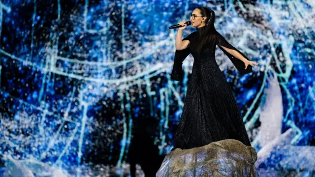 Greece's Klavdia performs the song "Asteromata" during the second semi-final of the 69th Eurovision Song Contest (ESC) in Basel, Switzerland, 15 May 2025
