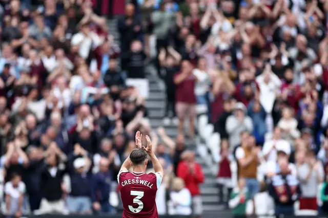 West Ham United's English defender #03 Aaron Cresswell leaves the pitch after being substituted