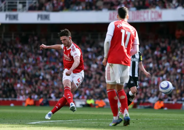 Arsenal's Declan Rice scores their first goal.