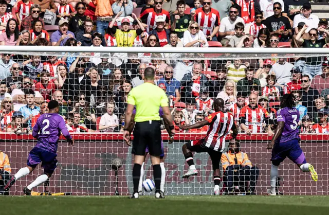 Brentford's Yoane Wissa (centre) scoring his side's second goal during the Premier League match between Brentford FC and Fulham FC at Gtech Community Stadium