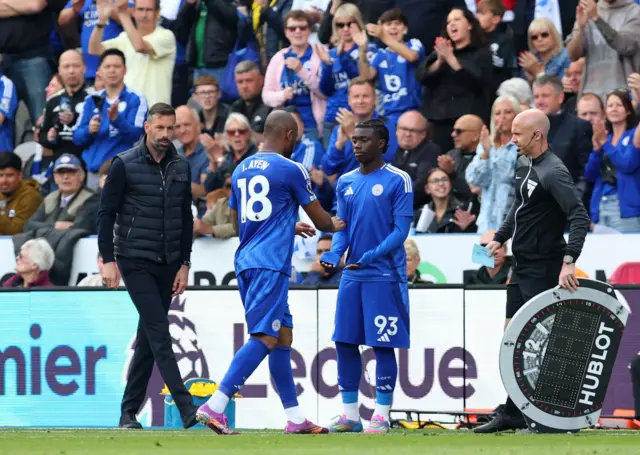 Leicester City's Jeremy Monga comes on as a substitute to replace Leicester City's Jordan Ayew