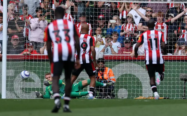 Brentford's Bryan Mbeumo has his shot saved by Fulham's Bernd Leno from the penalty spot