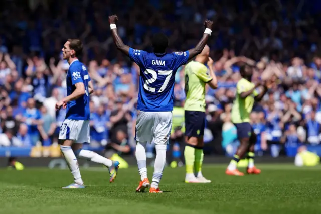 Everton's Idrissa Gueye celebrates as the final whistle is blown during the Premier League match at Goodison Park, Liverpool