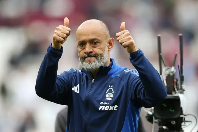 Nuno Espirito Santo, Manager of Nottingham Forest, acknowledges the fans following his team's victory in the Premier League match betwee West Ham United FC and Nottingham Forest FC at London Stadium on May 18, 2025 in London, England.