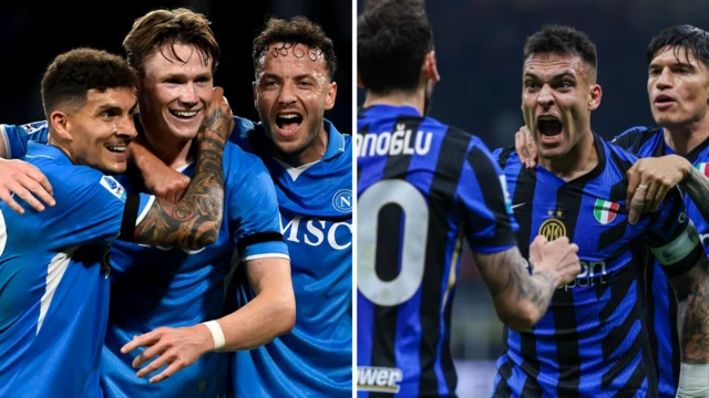 Napoli players celebrate (left) and Inter Milan players celebrate (right)